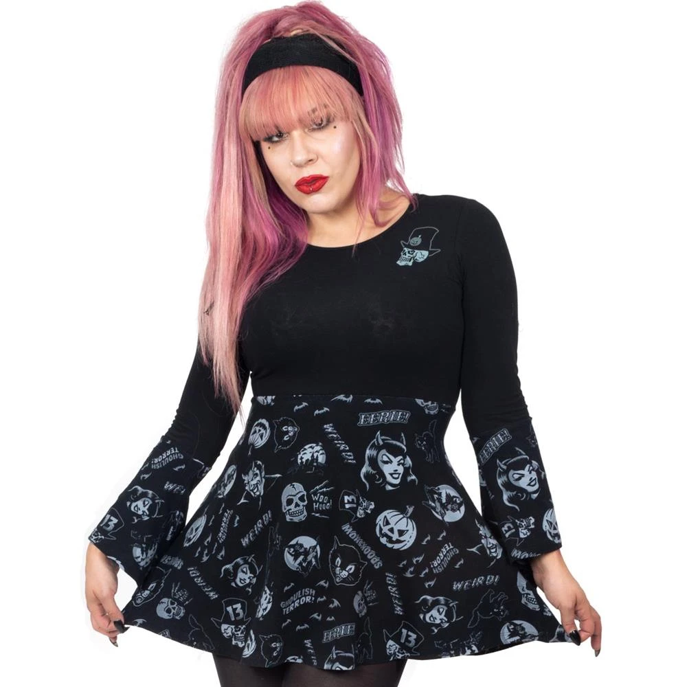 Spookshow Bell Sleeve Babydoll Top Blk/Grey 2 Spookshow Bell Sleeve Babydoll Top Blk/Grey - Image 2