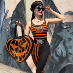 Pumpkin Striped Lace Cami Top -Kreepsville 666 Shop GCTPSL 6